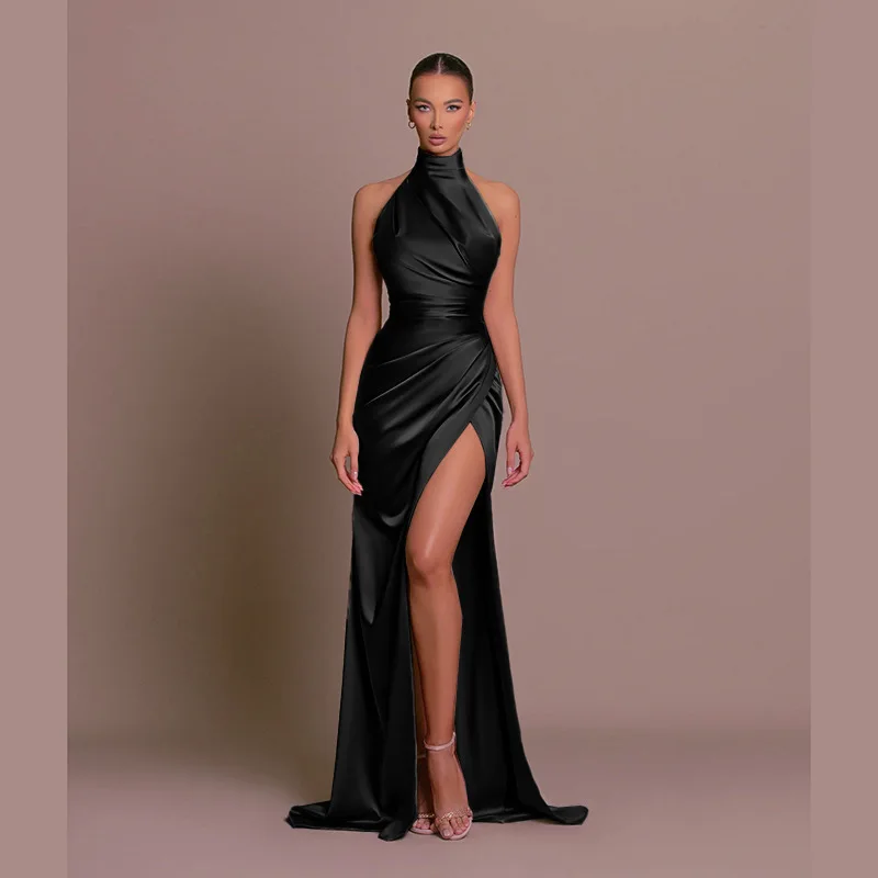 Elegant Satin Halter High-Slit Party Dress
