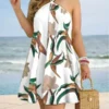 2026 Summer Tropical Leaf Halter A-Line Dress